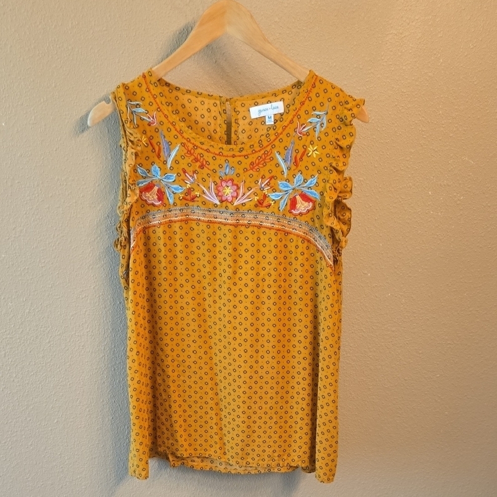 Grace and Lace Embroidered Ruffle Sleeve Top Orange